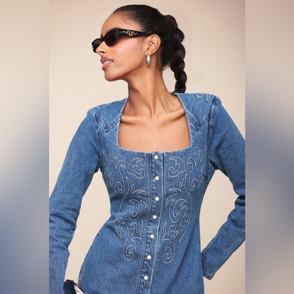 Avec Les Filles sample WESTERN EMBROIDERED DENIM MINI DRESS